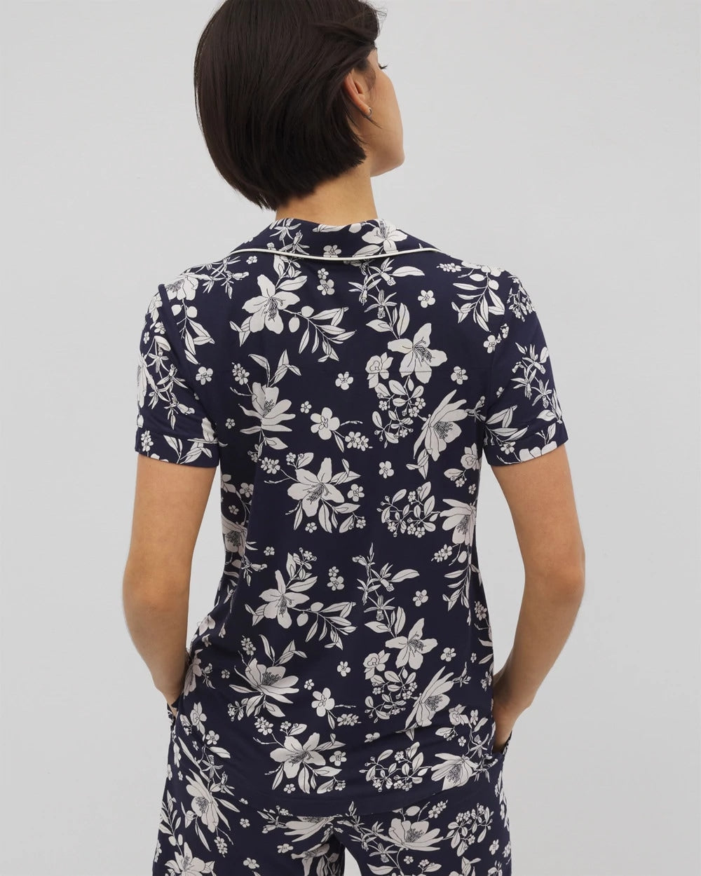 Piped Short Sleeve Notch Collar Pajama Top - PLUMERIA DREAM NAVY | Soma Women