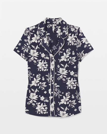 Piped Short Sleeve Notch Collar Pajama Top - PLUMERIA DREAM NAVY | Soma Women