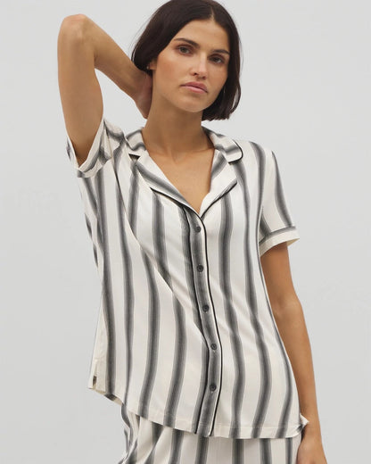 Piped Short Sleeve Notch Collar Pajama Top - HAMPTON STRIPE BLACK | Soma Women