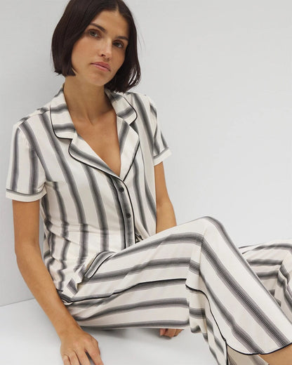 Piped Short Sleeve Notch Collar Pajama Top - HAMPTON STRIPE BLACK | Soma Women