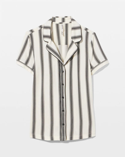 Piped Short Sleeve Notch Collar Pajama Top - HAMPTON STRIPE BLACK | Soma Women