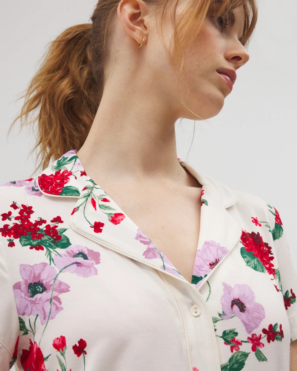 Piped Short Sleeve Notch Collar Pajama Top - RHAPSODY FLORAL SUGAR | Soma Women