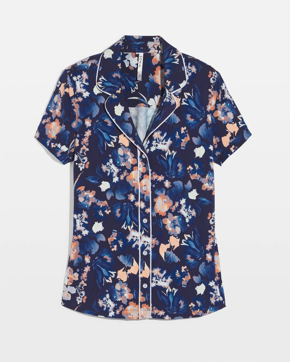 Piped Short Sleeve Notch Collar Pajama Top - PHANTOM FLORAL NAVY | Soma Women
