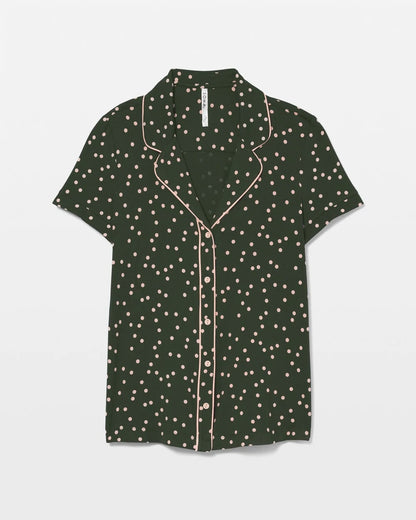 Piped Short Sleeve Notch Collar Pajama Top - MERRY DOT LUSH EMERALD | Soma Women