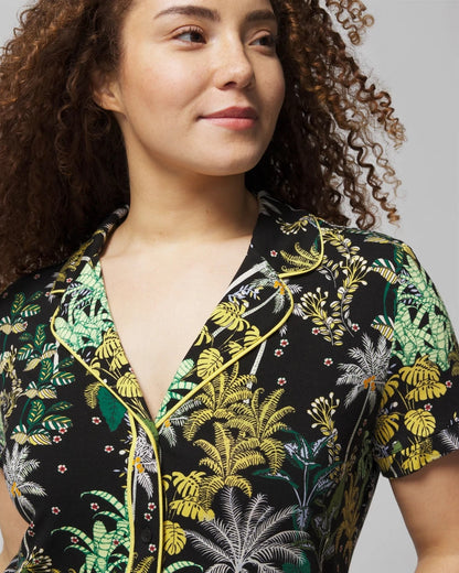 Piped Short Sleeve Notch Collar Pajama Top - OASIS PALMS BLACK/WS | Soma Women