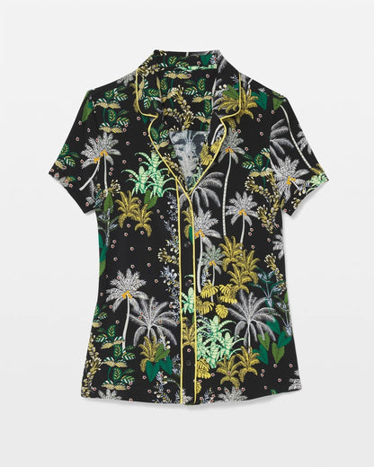 Piped Short Sleeve Notch Collar Pajama Top - OASIS PALMS BLACK/WS | Soma Women