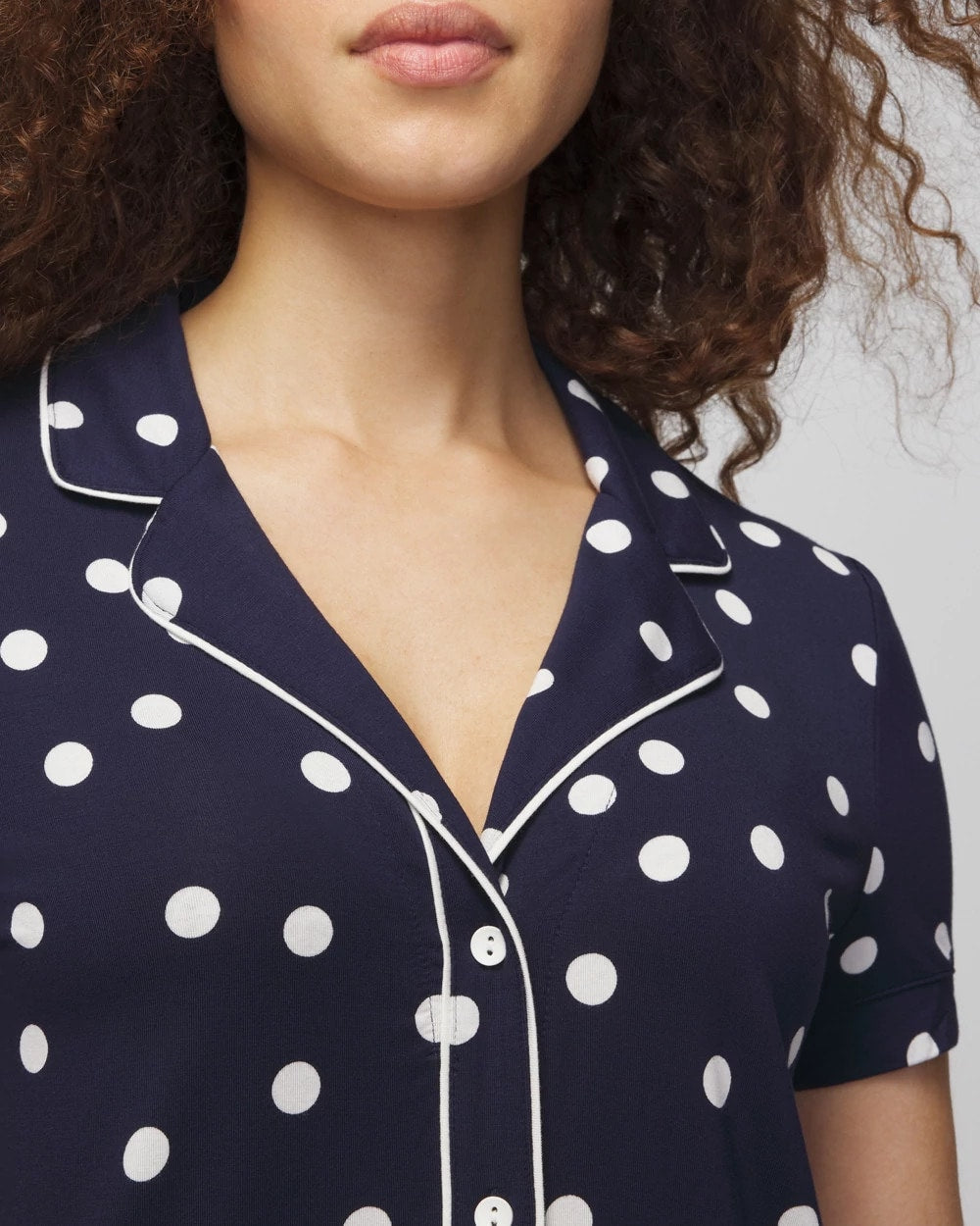Piped Short Sleeve Notch Collar Pajama Top - MERRY DOT G NAVY/IVORY | Soma Women