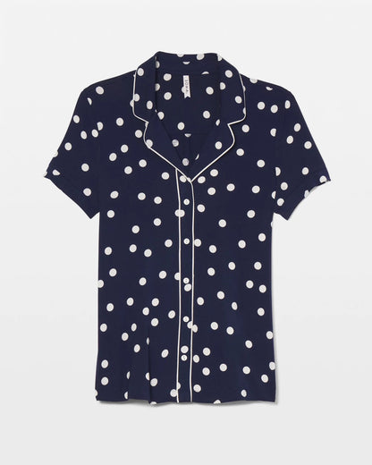 Piped Short Sleeve Notch Collar Pajama Top - MERRY DOT G NAVY/IVORY | Soma Women
