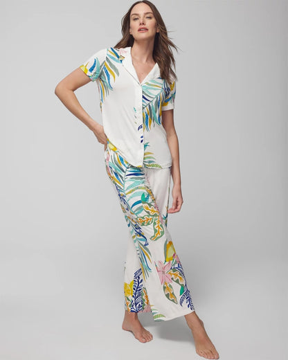 Piped Short Sleeve Notch Collar Pajama Top - LEMON SQUEEZE GRAND IVORY | Soma Women