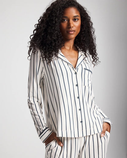 Long-Sleeve Notch Collar Pajama Top - UNWIND STRIPE CHAMPAGNE | Soma Women