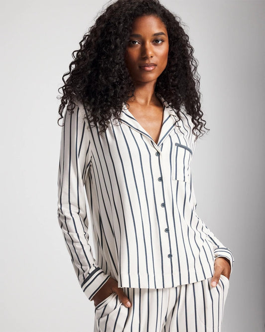 Long-Sleeve Notch Collar Pajama Top - UNWIND STRIPE CHAMPAGNE | Soma Women