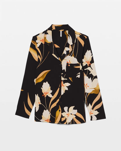 Long-Sleeve Notch Collar Pajama Top - MYSTIC BLOOMS BLACK MID | Soma Women