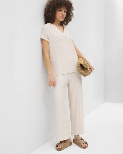 Crinkle Knit Short Sleeve V-Neck Hoodie - PARCHMENT | Soma Women
