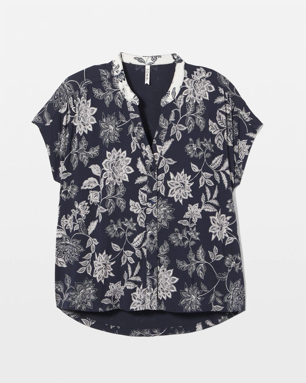 Mandarin Collar Short Sleeve Pajama Top - MEANDERING GARDEN NAVY | Soma Women