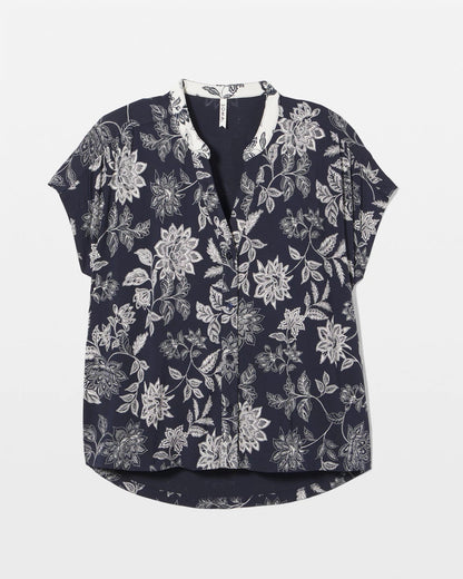Mandarin Collar Short Sleeve Pajama Top - MEANDERING GARDEN NAVY | Soma Women