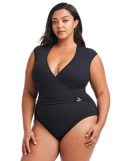 Pique Ole Cap Sleeve Surplice One Piece - BLACK | Soma Women