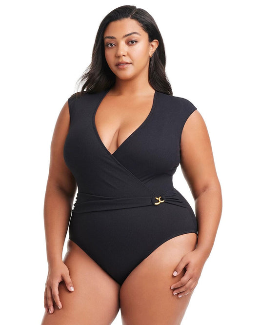 Pique Ole Cap Sleeve Surplice One Piece - BLACK | Soma Women