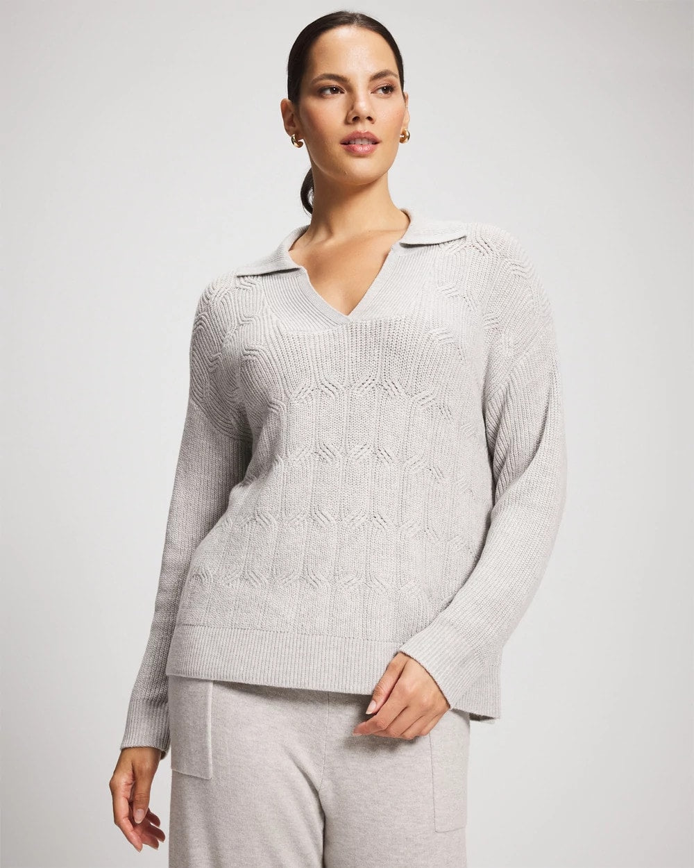 Premier Knit Cable Knit Collared Sweater - HEATHER STONE | Soma Women