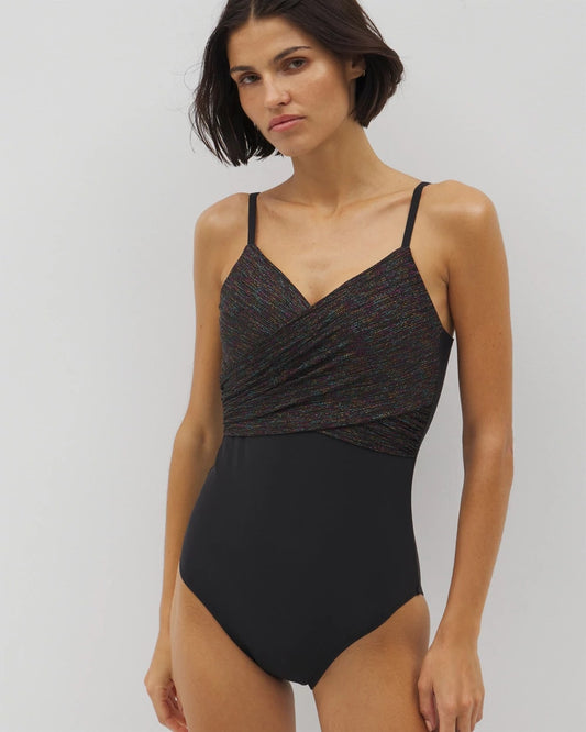 Beyond Control Bright Lurex Draped Over the Shoulder One-Piece - BLACK MULTI | Soma Women